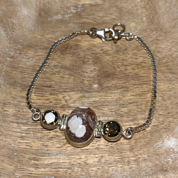 Agate & Smoky Topaz Stone Box Chain 925 Sterling Silver Bracelet - Picture 1 of 15